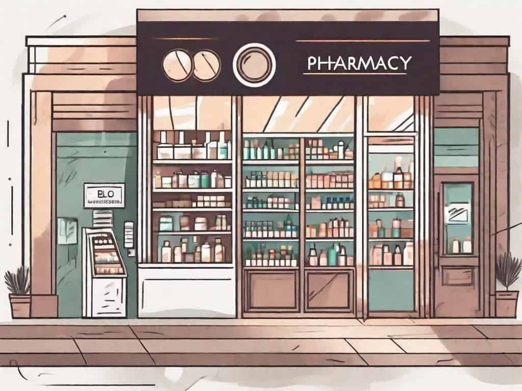 A pharmacy store front with a large magnifying glass hovering over it
