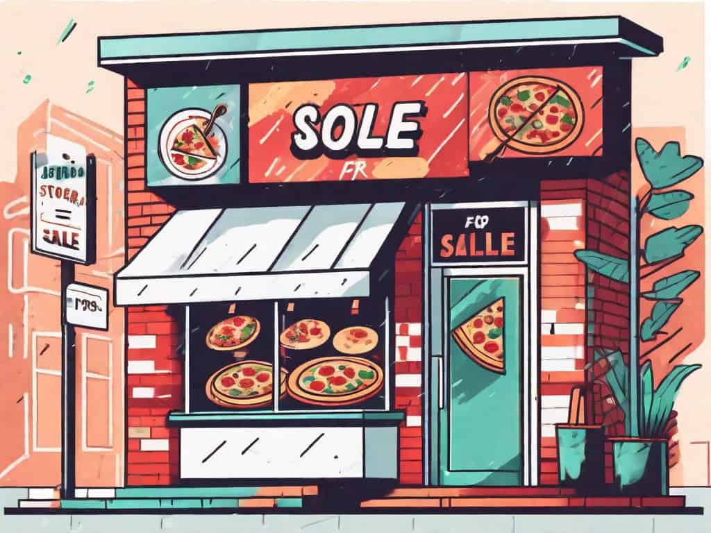 A vibrant pizzeria storefront with a for sale sign
