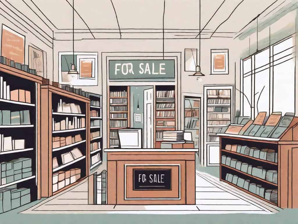 A quaint bookstore with a 'for sale' sign hanging on the front