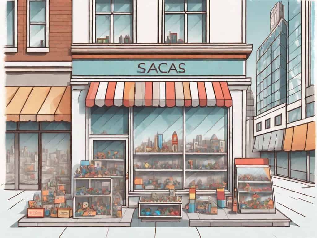 A toy store with various types of toys displayed in the window