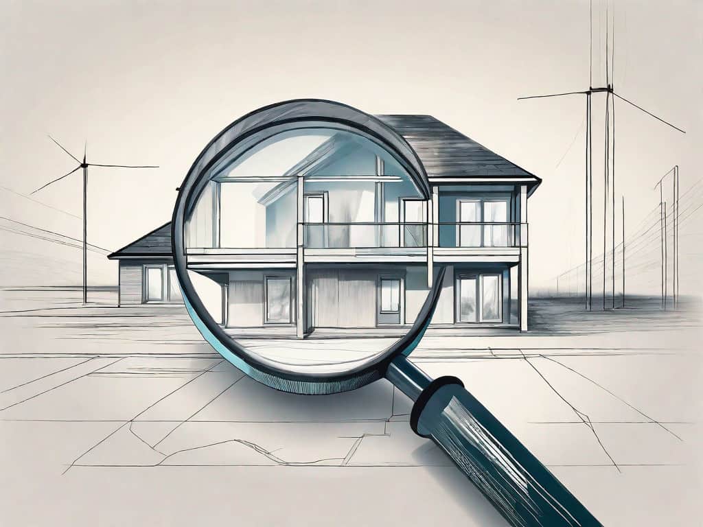 A magnifying glass hovering over a stylized model of a home construction site
