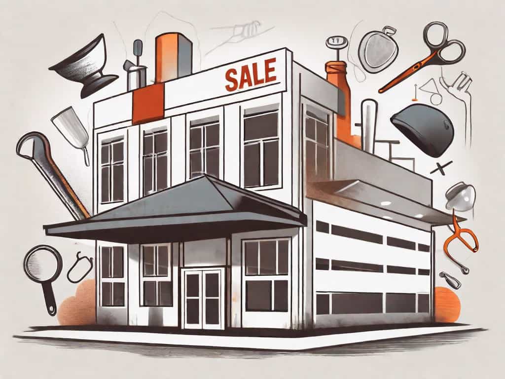 A trade school building with a 'for sale' sign on it