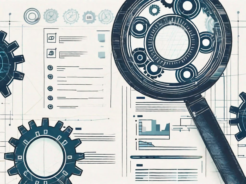 A magnifying glass examining a digital representation of a software company