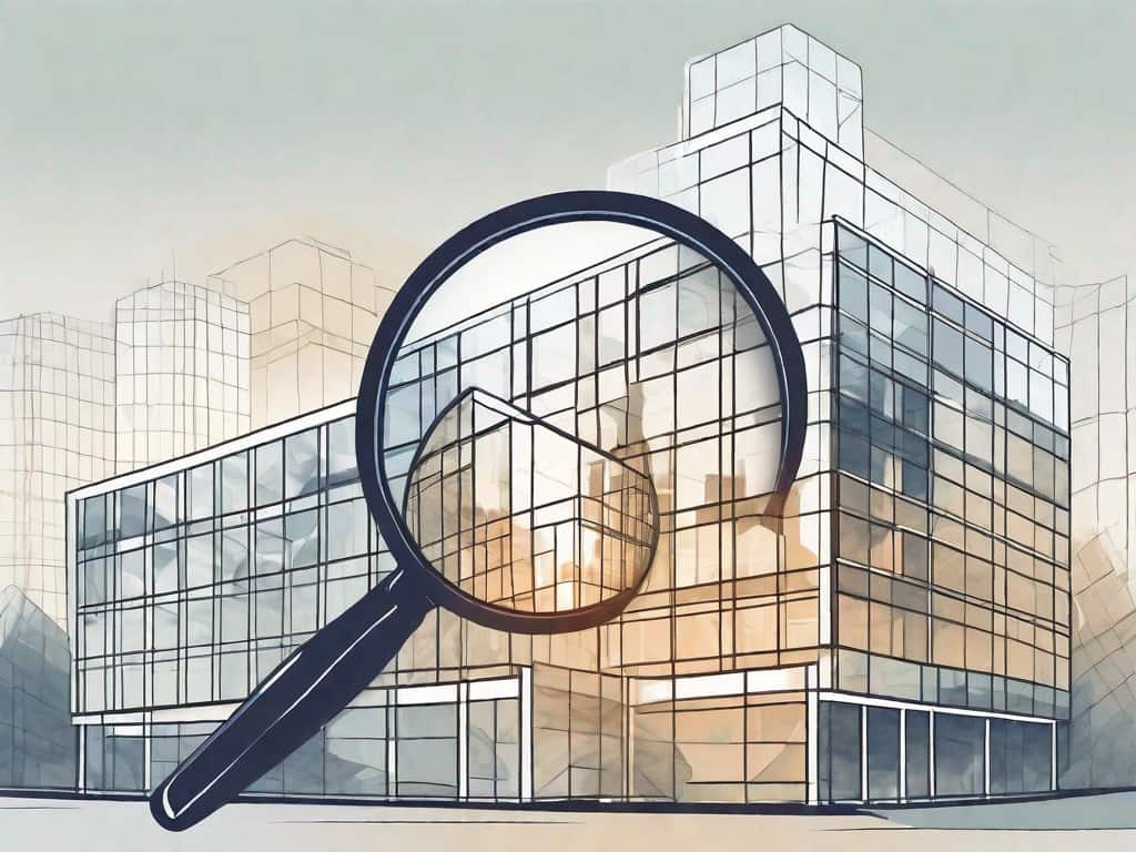 A magnifying glass examining a building shaped like a puzzle