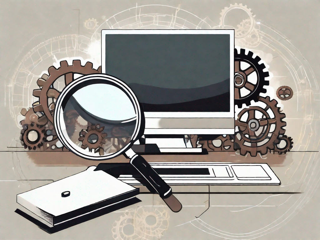 A magnifying glass hovering over a computer with gears and a briefcase