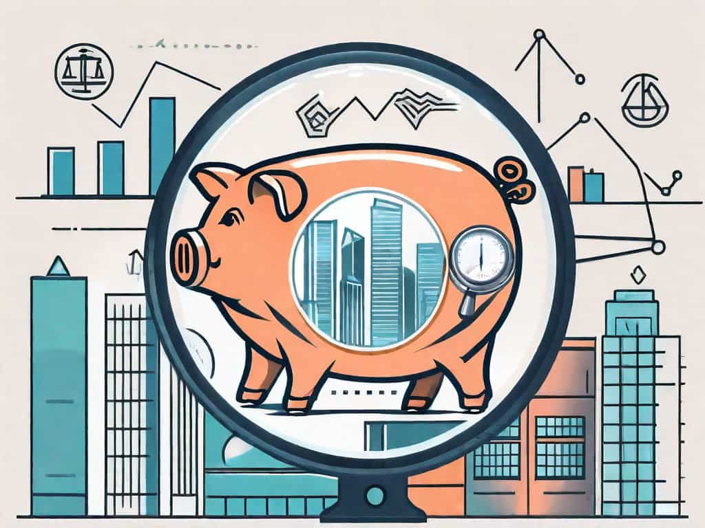 A magnifying glass examining a building shaped like a piggy bank