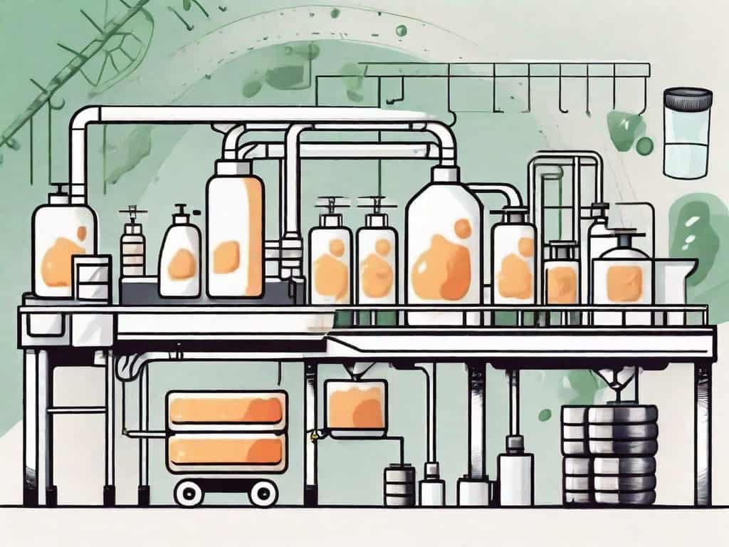 A soap manufacturing factory with various cleaning products on a conveyor belt