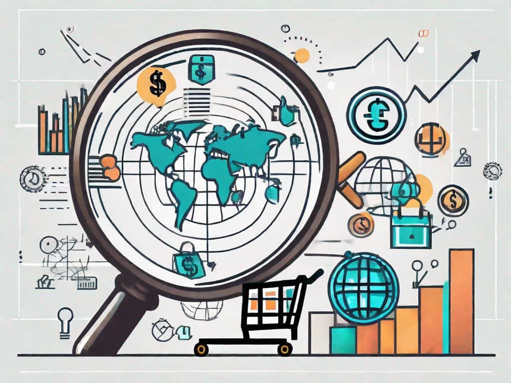 A magnifying glass hovering over a shopping cart symbol