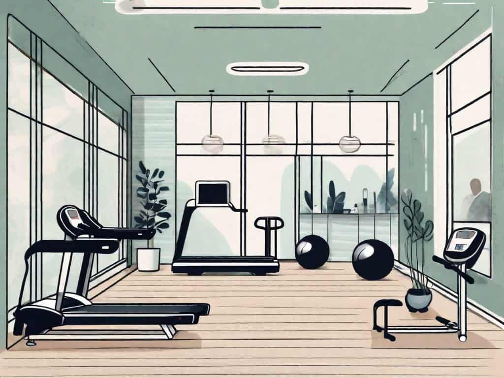 A physical therapy center with various elements like a reception desk
