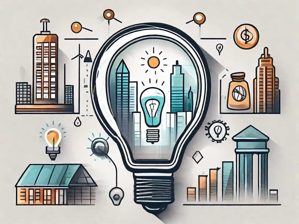 A magnifying glass hovering over a set of symbolic icons representing various aspects of a business service company such as a building