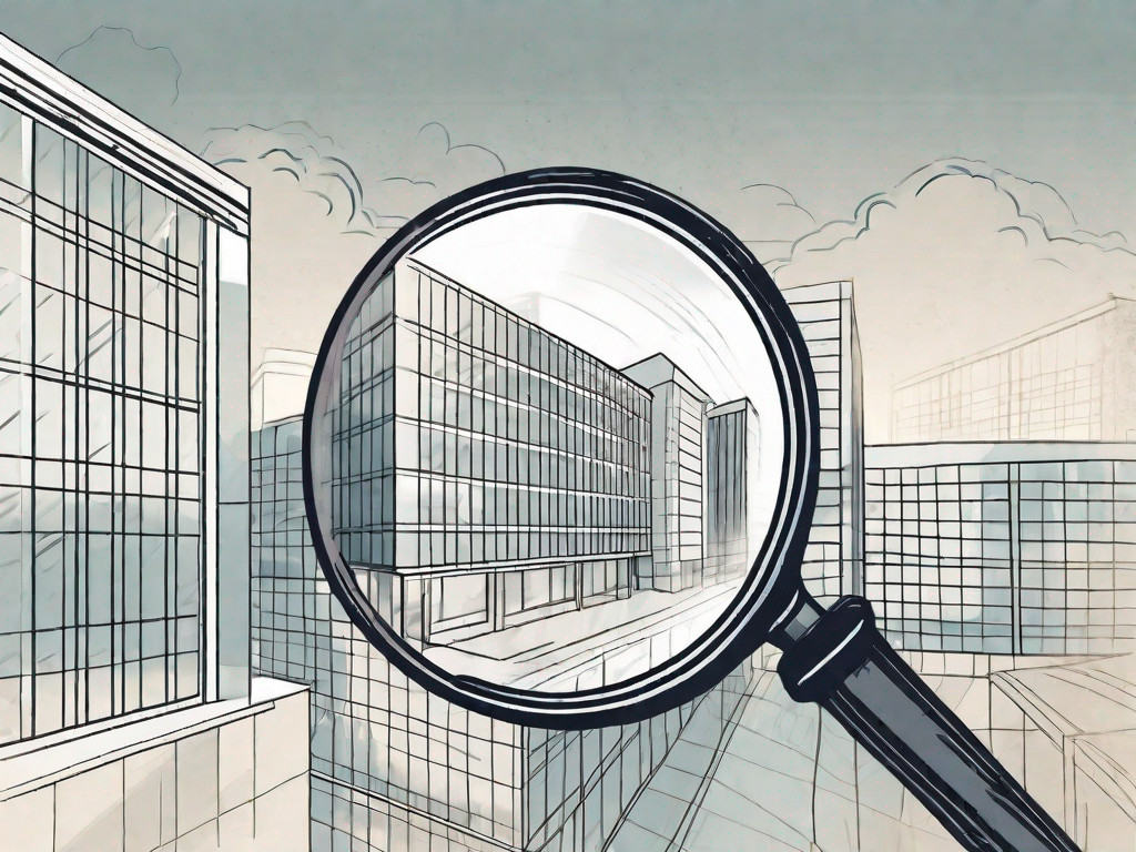 A magnifying glass hovering over a commercial building