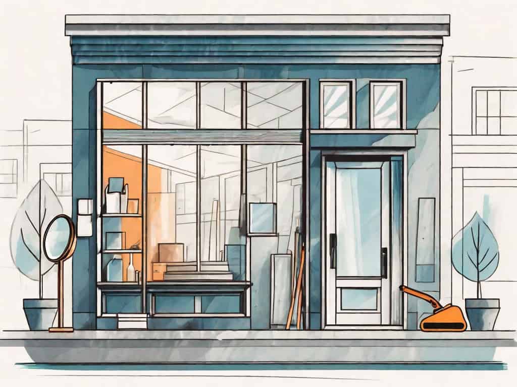 A renovation company storefront with various tools and construction materials
