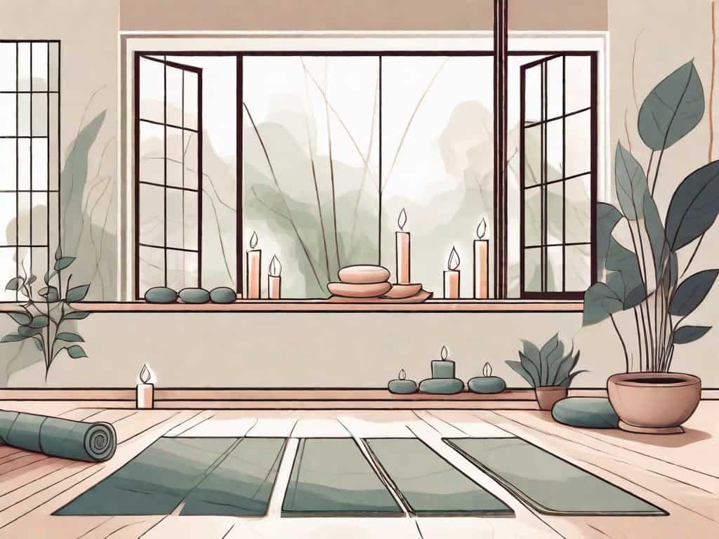 A tranquil yoga studio interior with visible elements like yoga mats