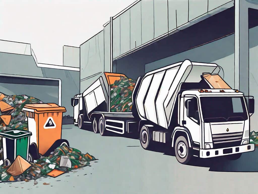 A waste management facility with various elements like garbage trucks