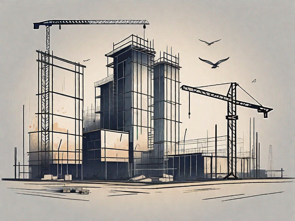 A commercial construction site with various elements like cranes