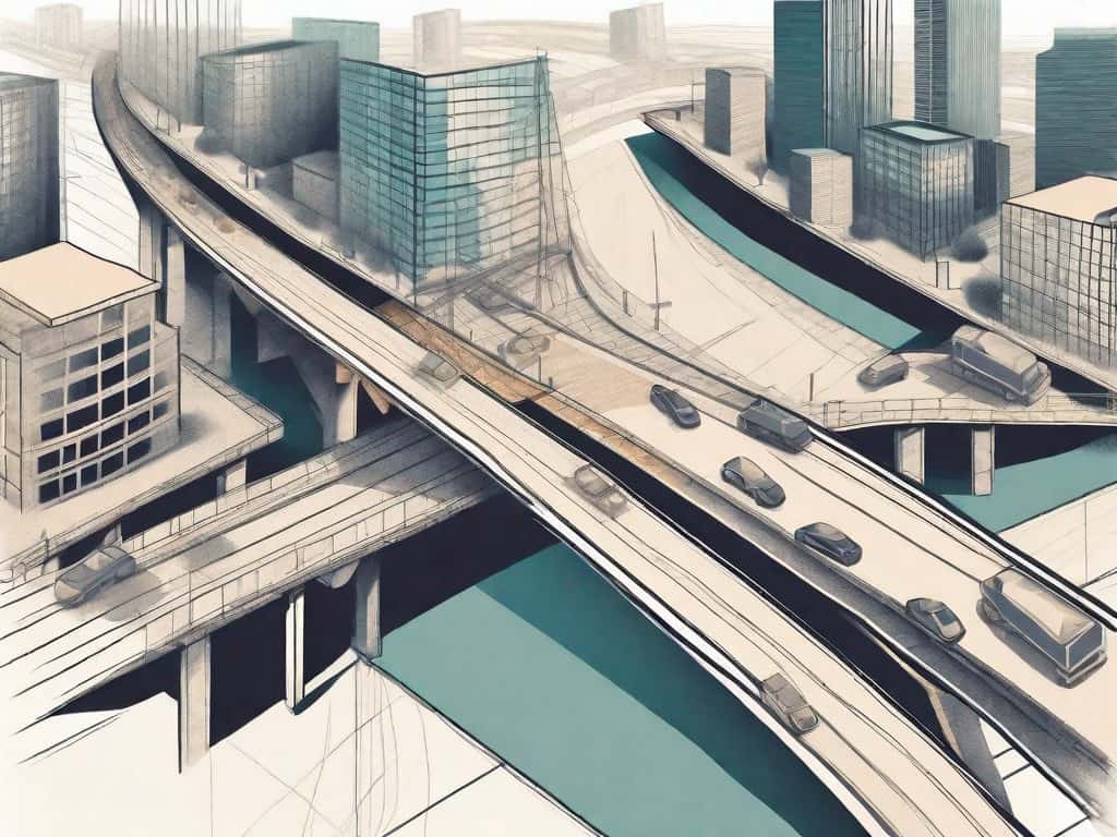 A construction site with various infrastructure elements like bridges