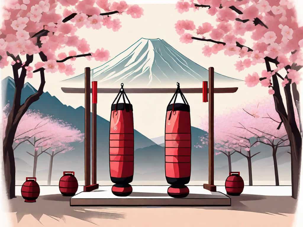 A traditional martial arts dojo with various training equipment like punching bags and wooden dummies