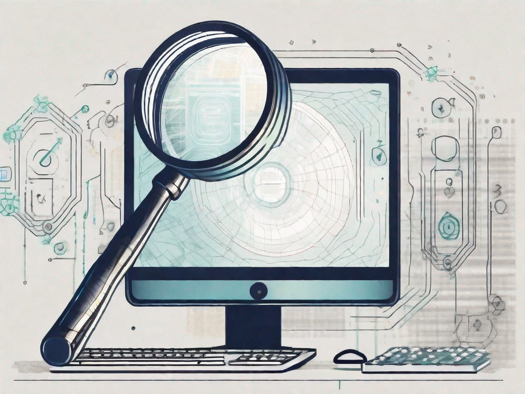 A magnifying glass hovering over a computer with coding symbols