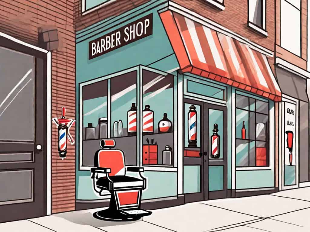 A barber shop storefront with a 'for sale' sign hanging in the window