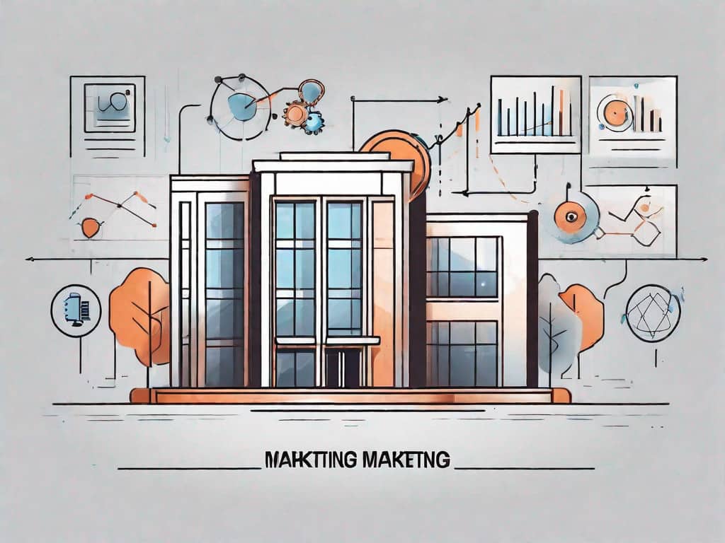 A digital marketing agency building with various symbolic elements like seo icon