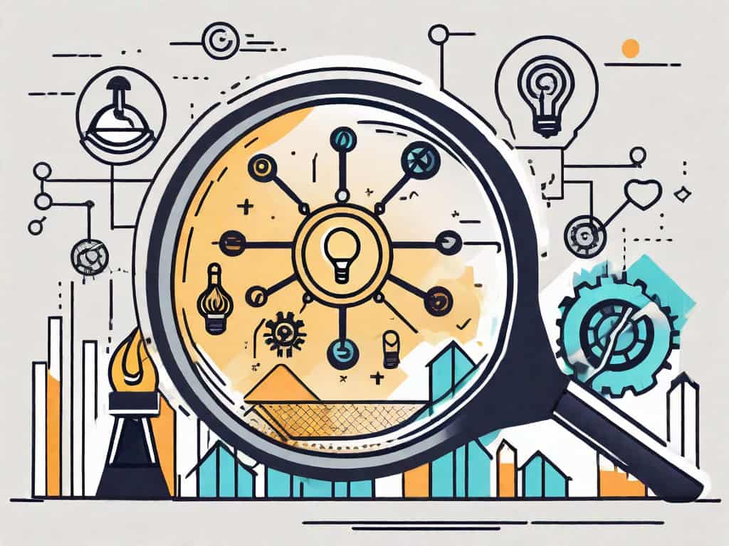 A magnifying glass examining a content marketing firm building