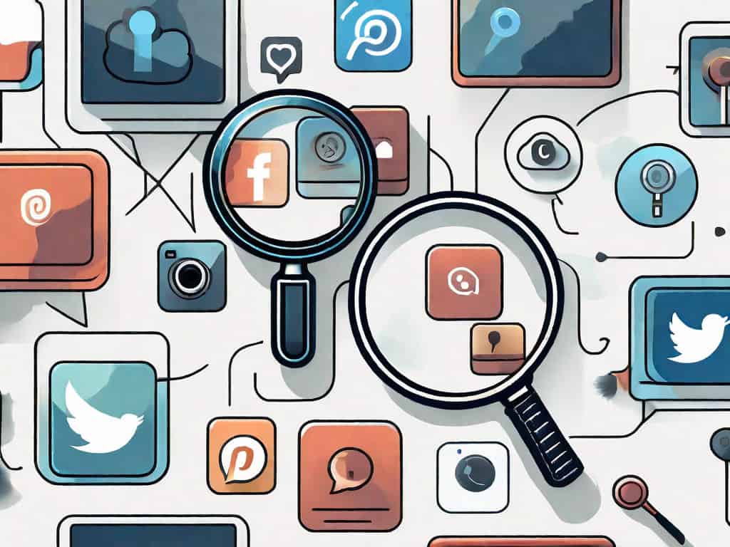 A magnifying glass hovering over a collection of social media icons