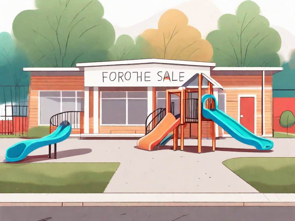 A vibrant preschool building with a 'for sale' sign in the front yard