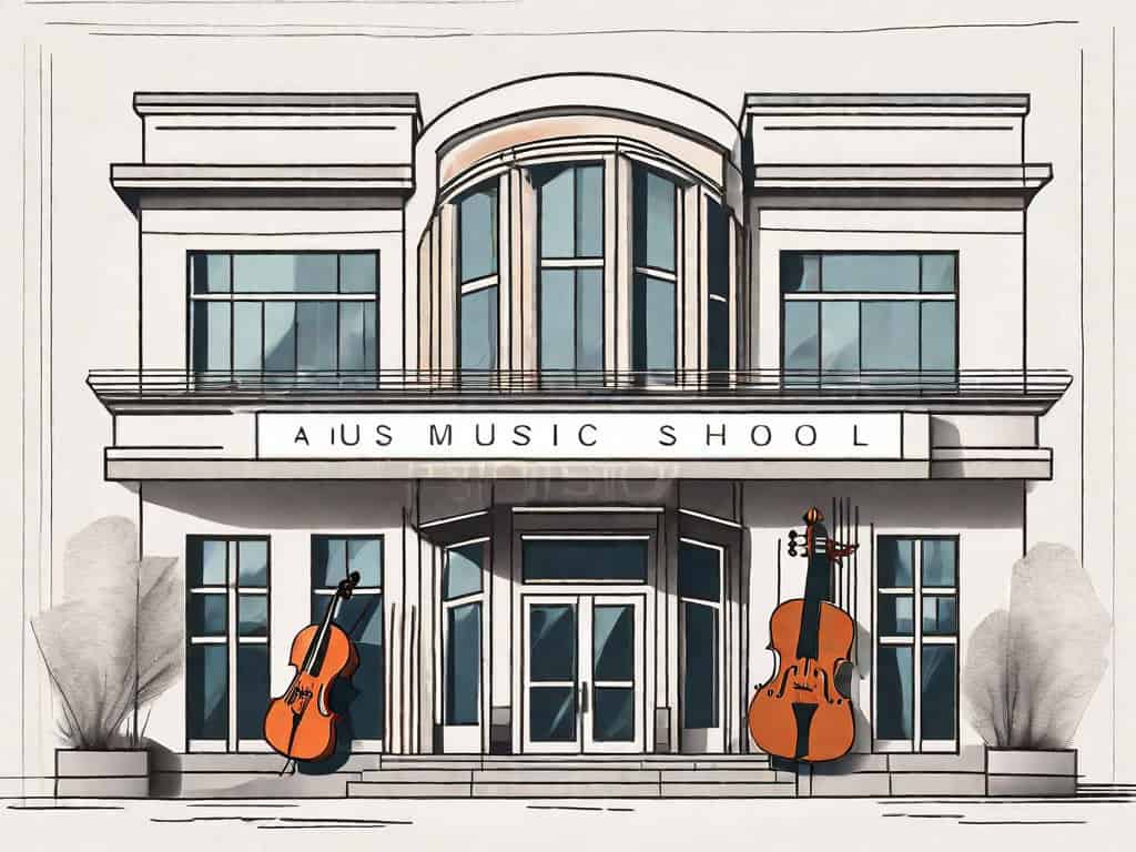 A music school building with various musical instruments like a piano