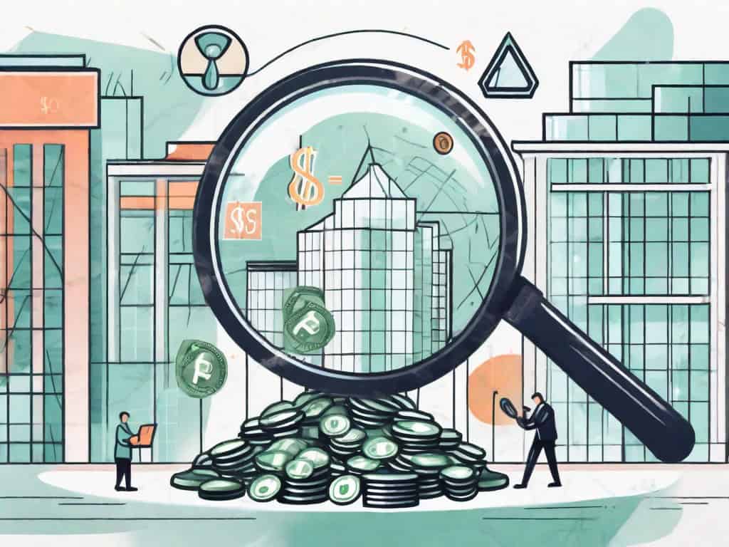 A magnifying glass examining a ppc agency building with various symbols like money