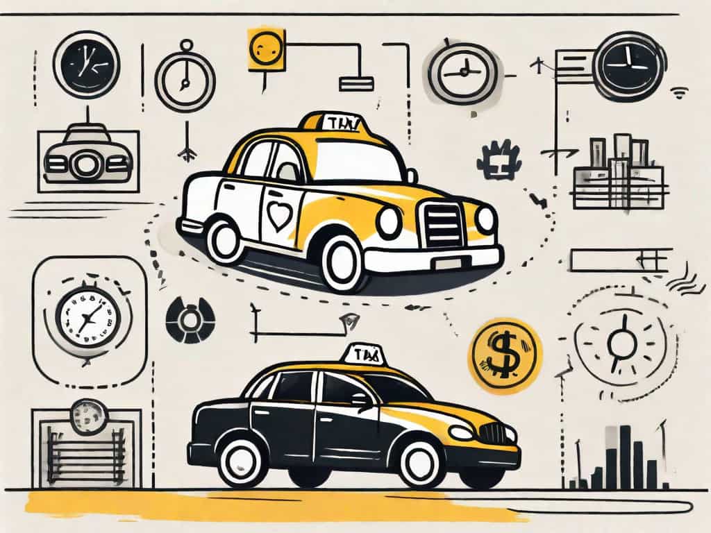 A taxi cab with various symbols around it representing key factors such as money