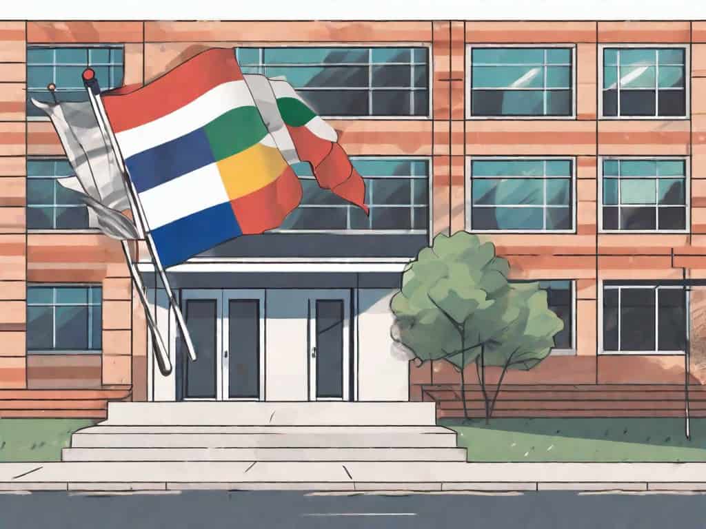A language school building with various international flags waving