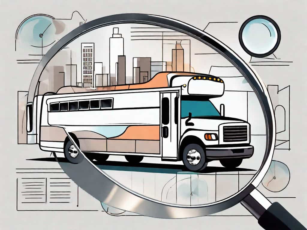 A charter bus with a magnifying glass hovering over it
