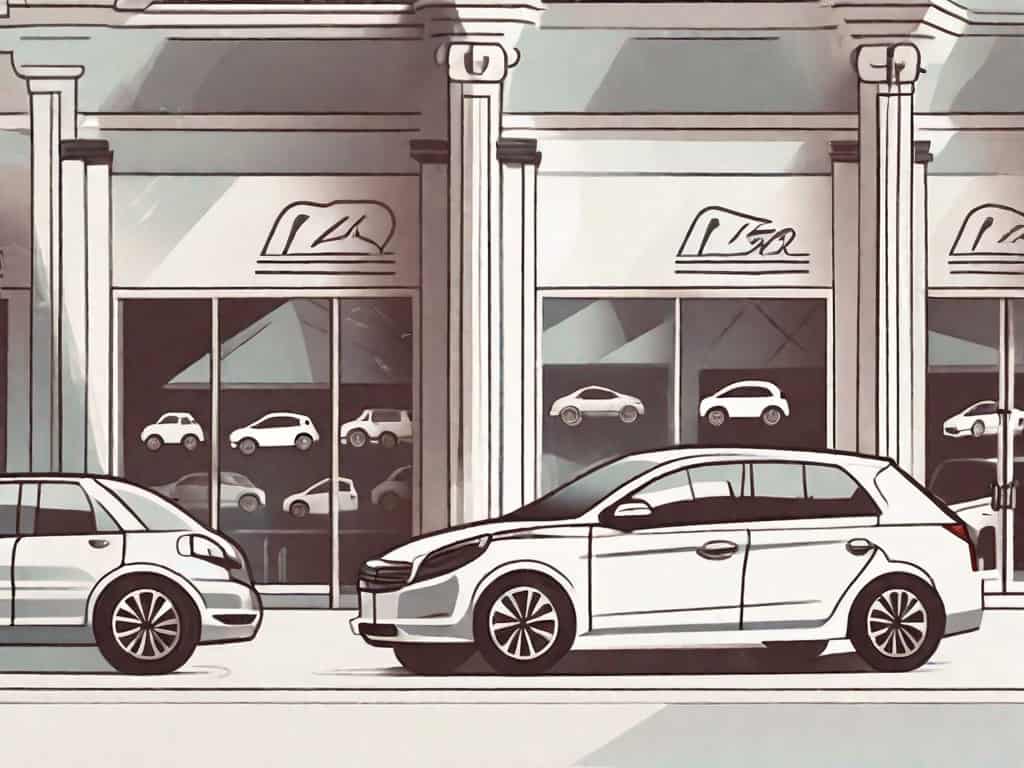 A car rental storefront with a variety of car models