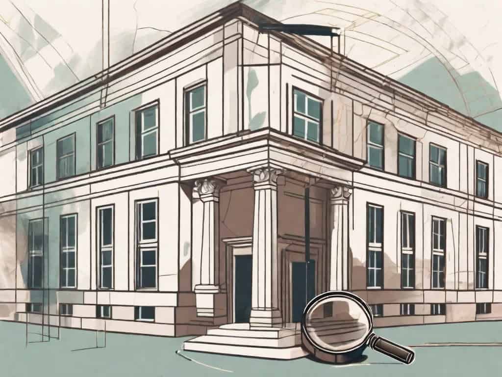 A magnifying glass hovering over an art school building