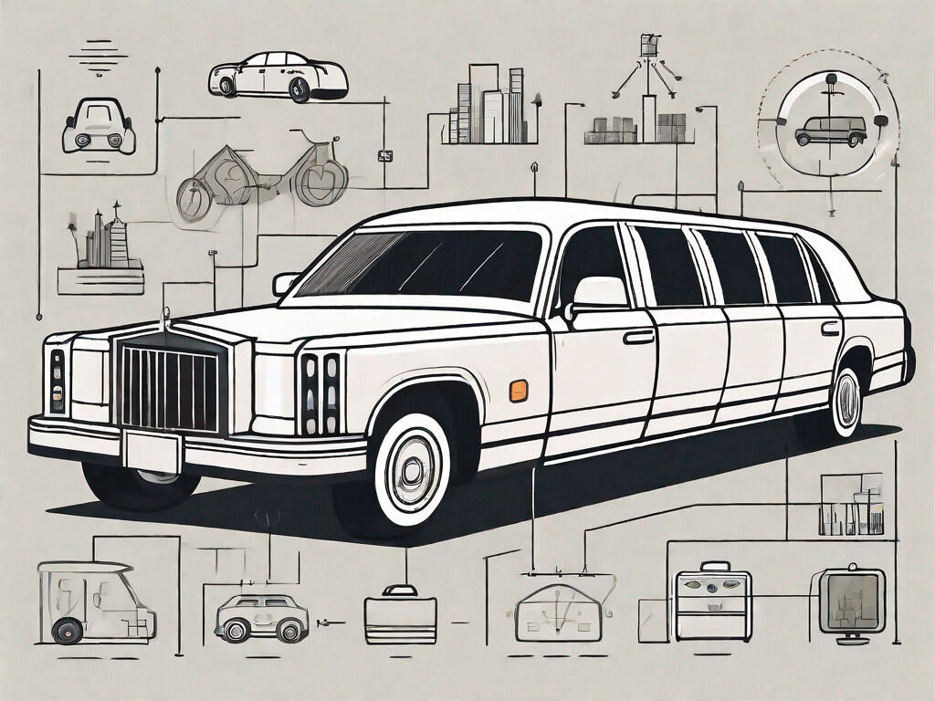 A sleek limousine with various icons around it representing key factors such as location