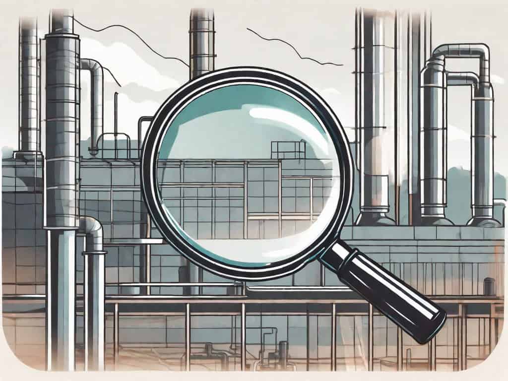 A magnifying glass hovering over a factory