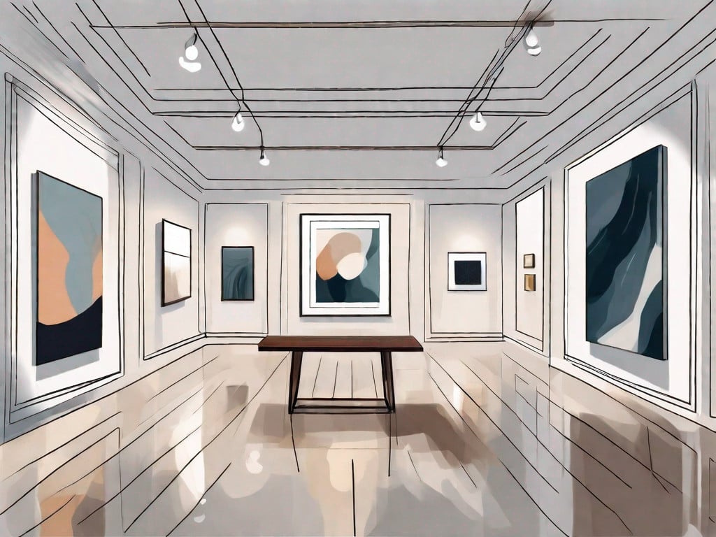 An upscale art gallery interior with various abstract paintings hanging on the walls