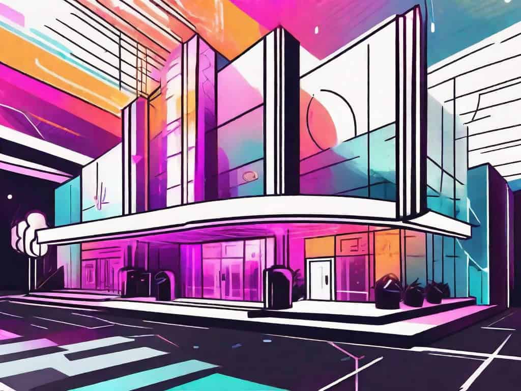 A vibrant nightclub exterior with different elements like a flashy entrance