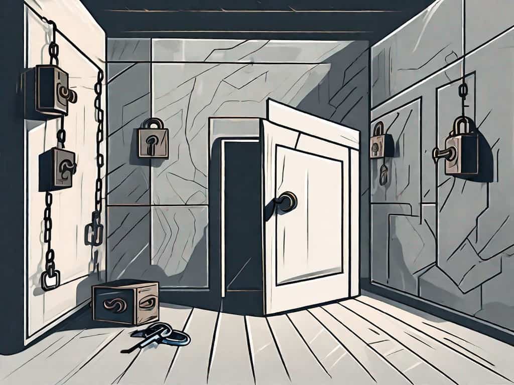 An escape room with various elements like a padlocked door
