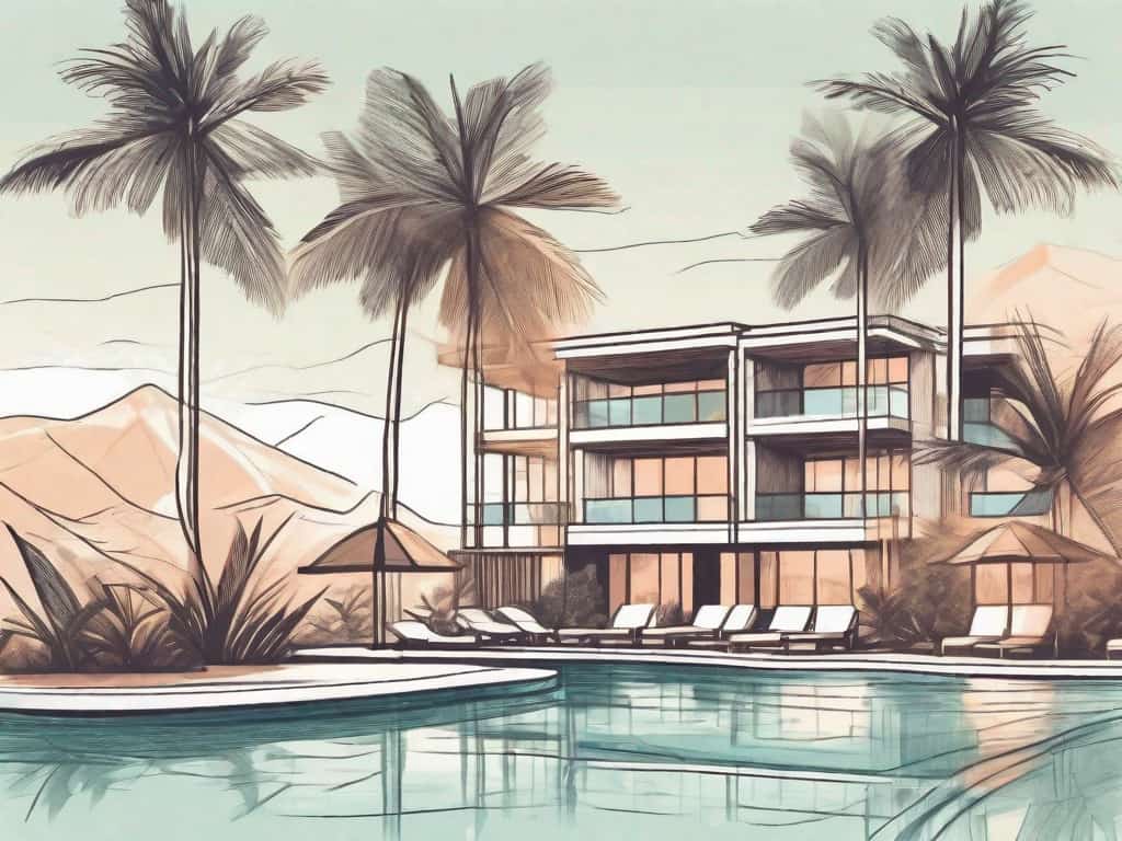 A picturesque resort surrounded by amenities like a swimming pool