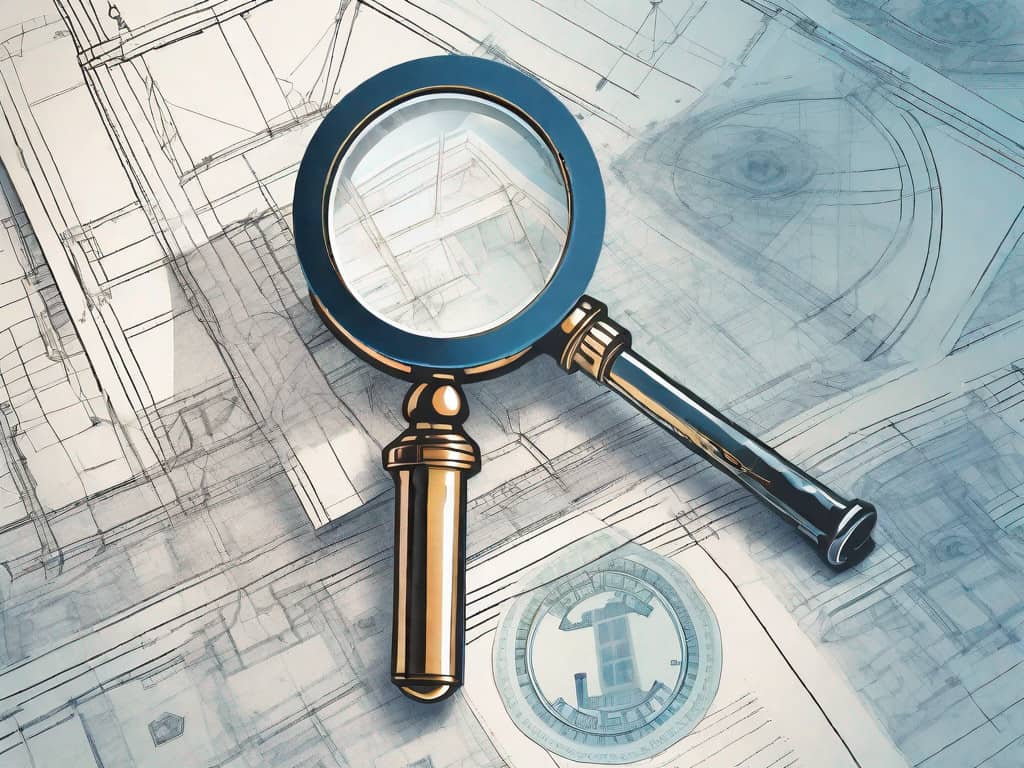 A magnifying glass hovering over a set of architectural blueprints
