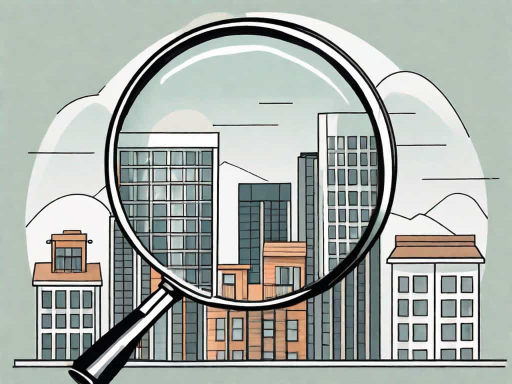 A magnifying glass hovering over a set of buildings
