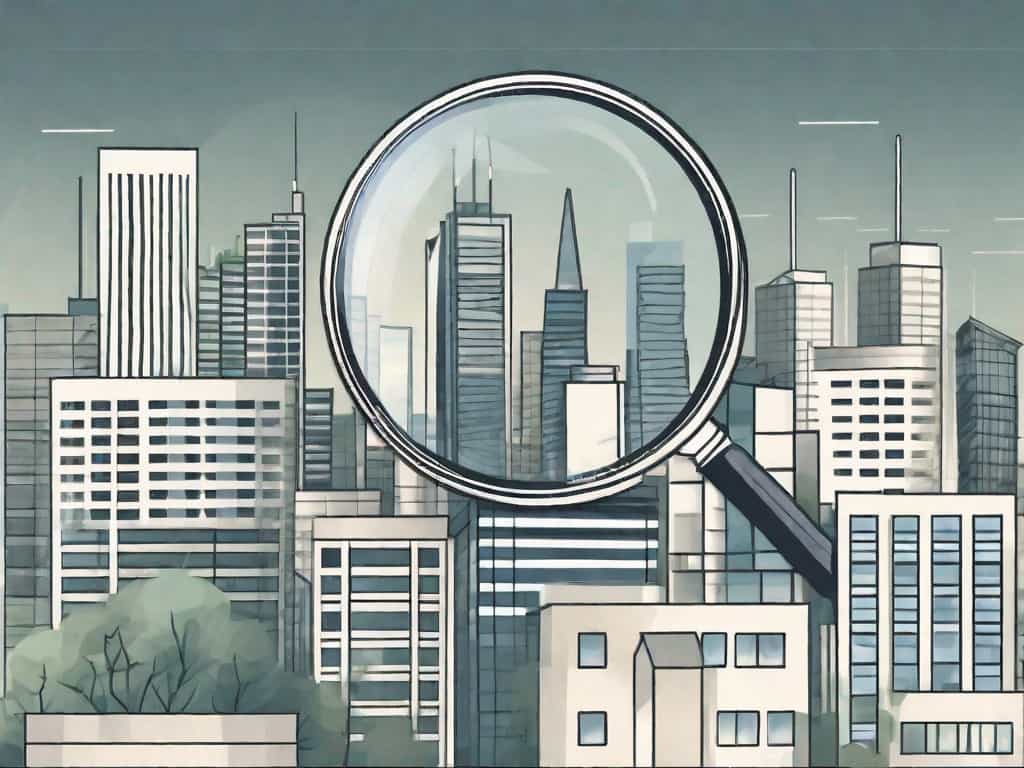 A city skyline with various types of buildings