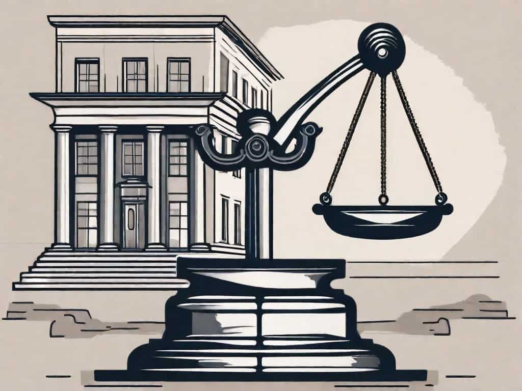 A balanced scale with a gavel on one side and a building representing a law firm on the other