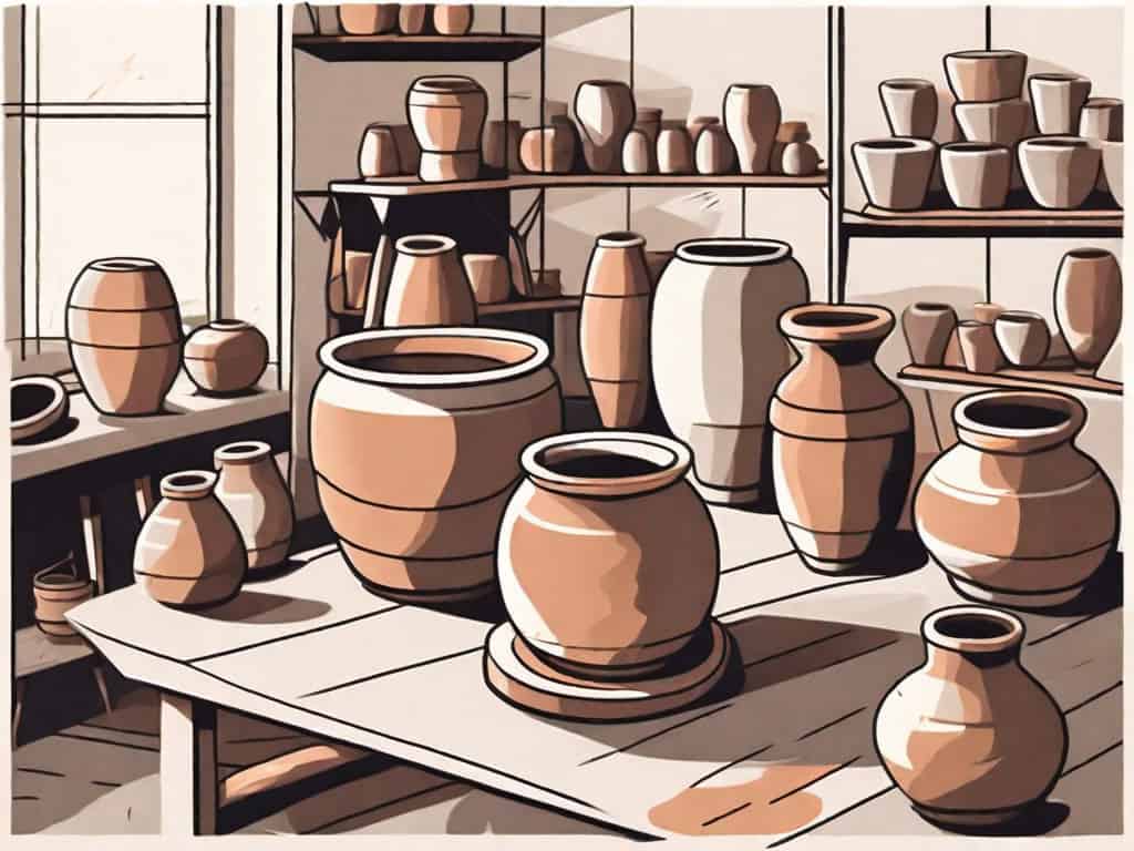 A pottery studio filled with various pottery equipment like a potter's wheel