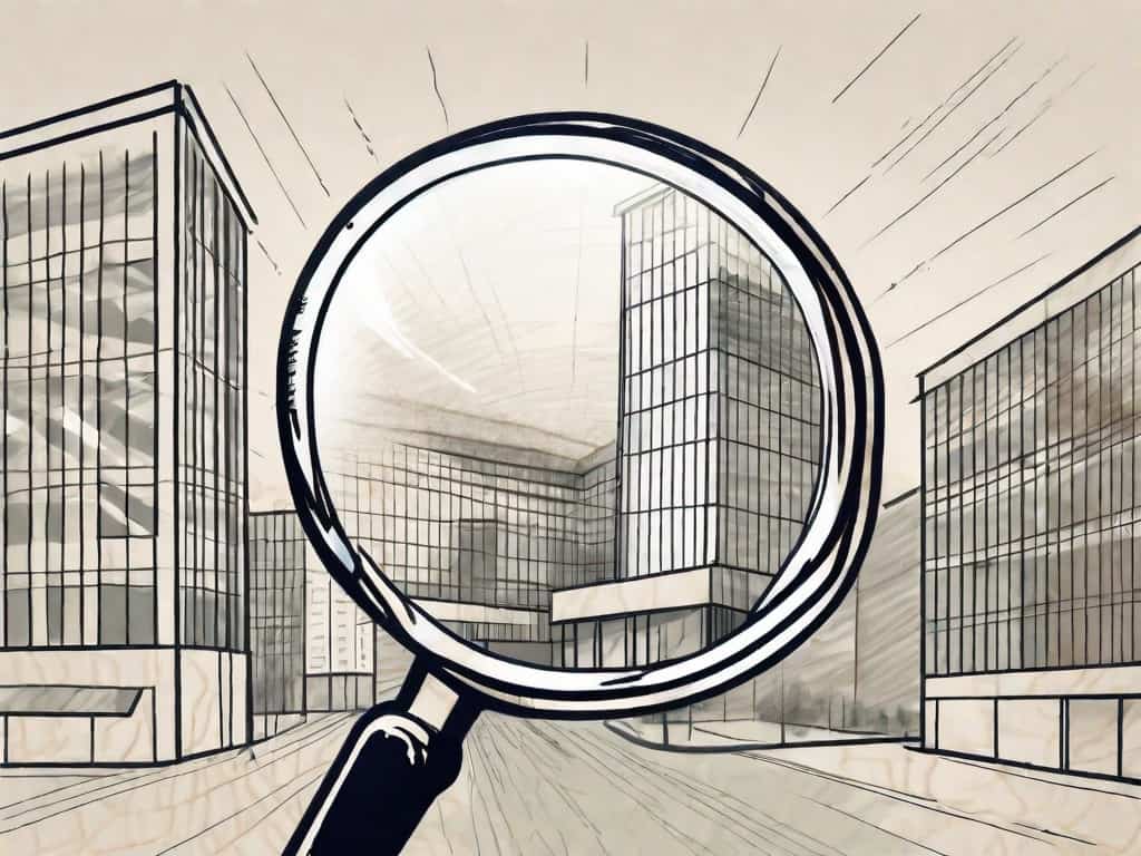 A magnifying glass hovering over an insurance agency building