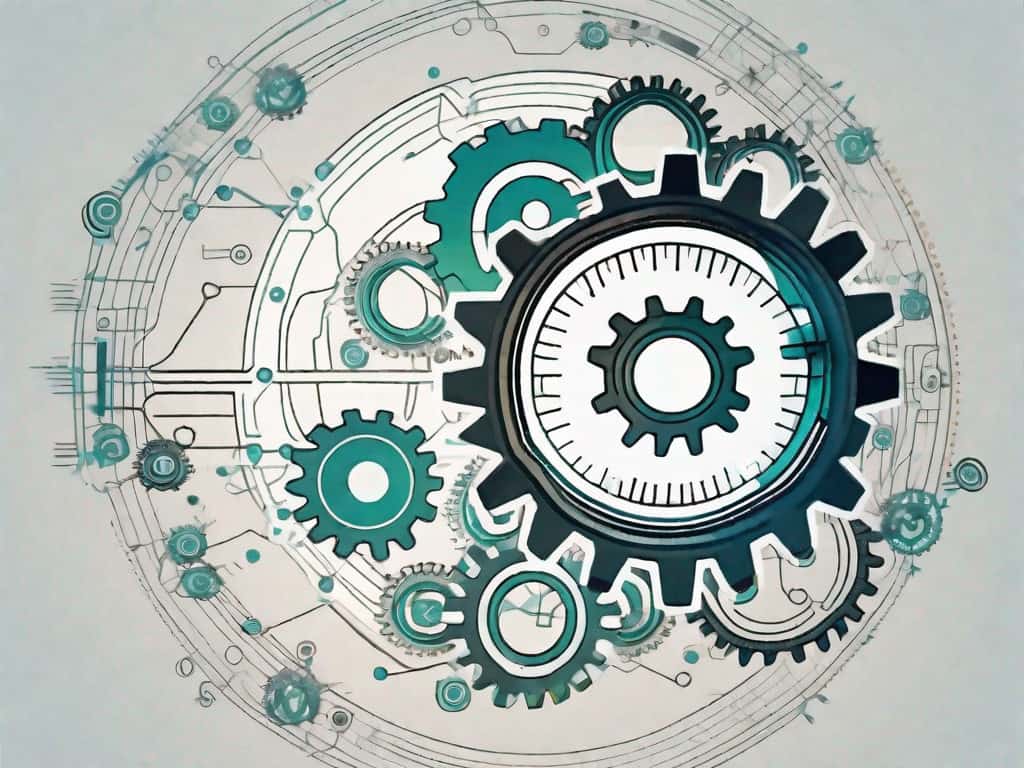 A magnifying glass examining a symbolic tech startup represented by a combination of gears