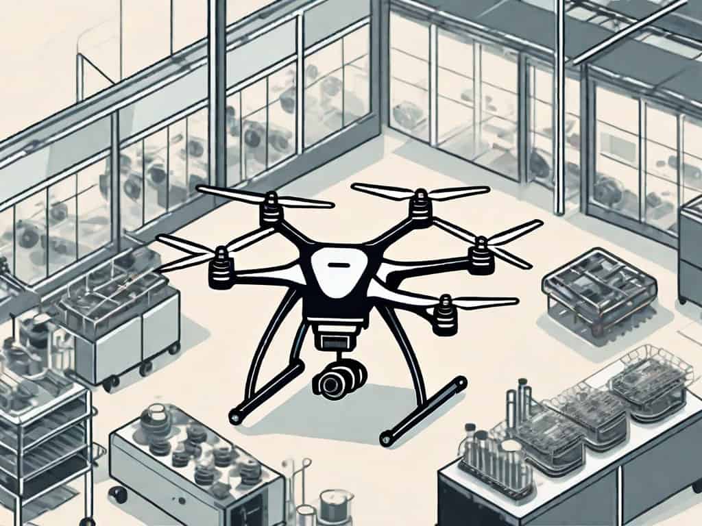A drone hovering over a manufacturing assembly line with various drone components scattered around
