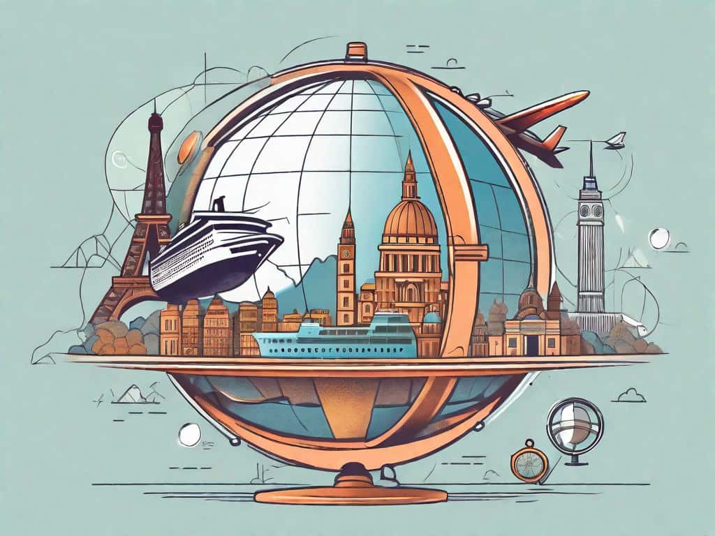 A globe surrounded by different travel elements like an airplane