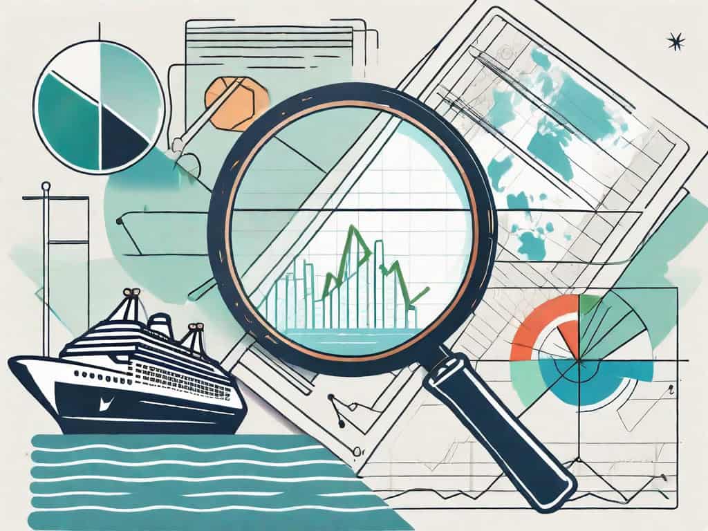 A cruise ship on the sea with various symbolic elements such as a magnifying glass